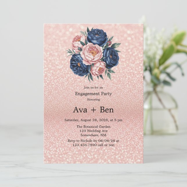 Navy Blue und Rosen Gold Floral Engagement Party Einladung (Stehend Vorderseite)