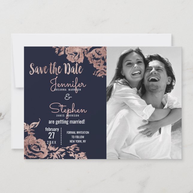 Navy Blue und Rosen Gold Floral Save the Date (Vorderseite)