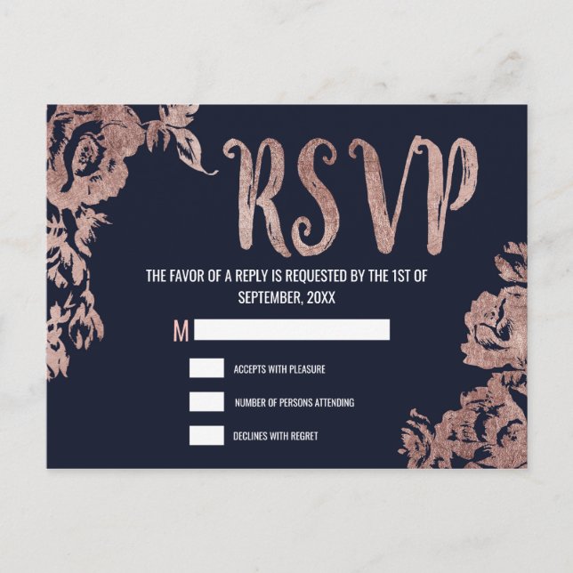 Navy Blue und Rosen Gold Floral UAWG Einladungspostkarte (Vorderseite)