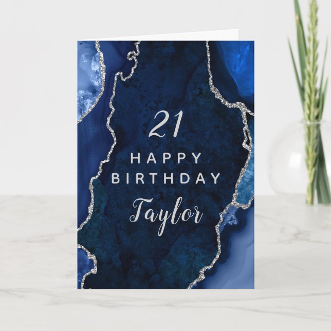 Navy Blue und Silver Agate Happy Birthday Karte (Vorderseite)