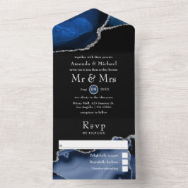 Navy Blue und Silver Agate Hochzeit in einem Invi All In One Einladung