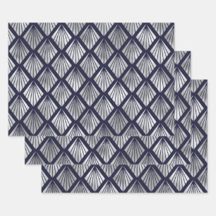 Navy Blue und Silver Art Deco Diamond Muster Geschenkpapier Set