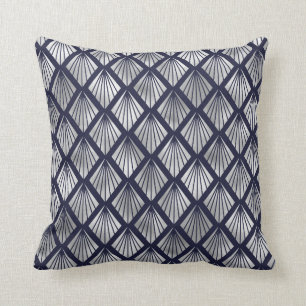 Navy Blue und Silver Art Deco Diamond Muster Kissen