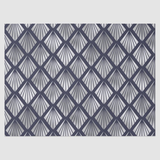 Navy Blue und Silver Art Deco Diamond Muster Seidenpapier (Vorderseite)