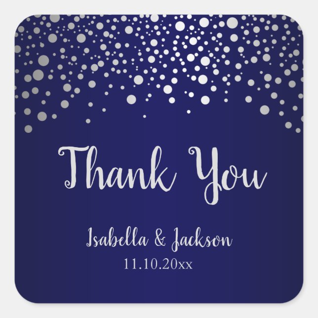Navy Blue und Silver Confetti Dots - Square Quadratischer Aufkleber (Vorderseite)