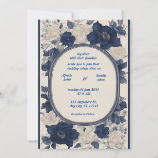 Navy Blue und Silver Elegante Elfenbeinblumenhochz Einladung