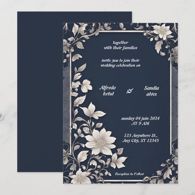 Navy Blue und Silver Elegante Elfenbeinblumenhochz Einladung (Vorne/Hinten)