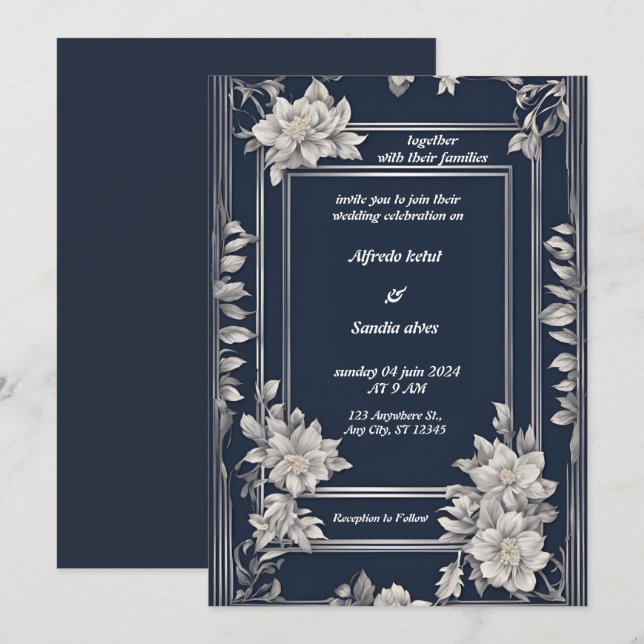 Navy Blue und Silver Elegante Elfenbeinblumenhochz Einladung (Vorne/Hinten)