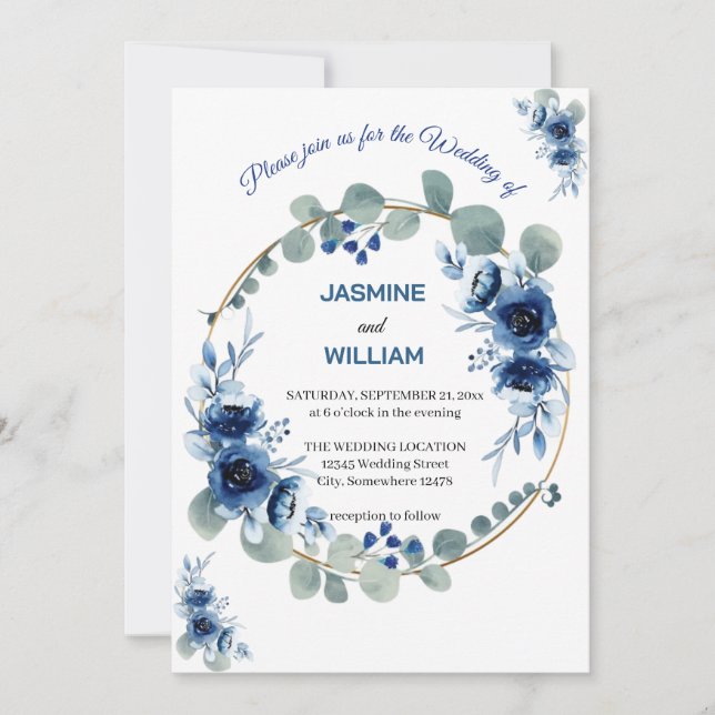 Navy Blue und Silver Elegante Elfenbeinblumenhochz Einladung (Vorderseite)