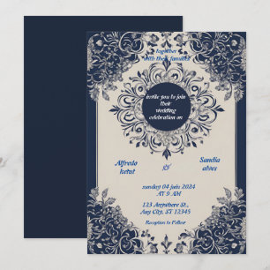 Navy Blue und Silver Elegante Elfenbeinblumenhochz Einladung