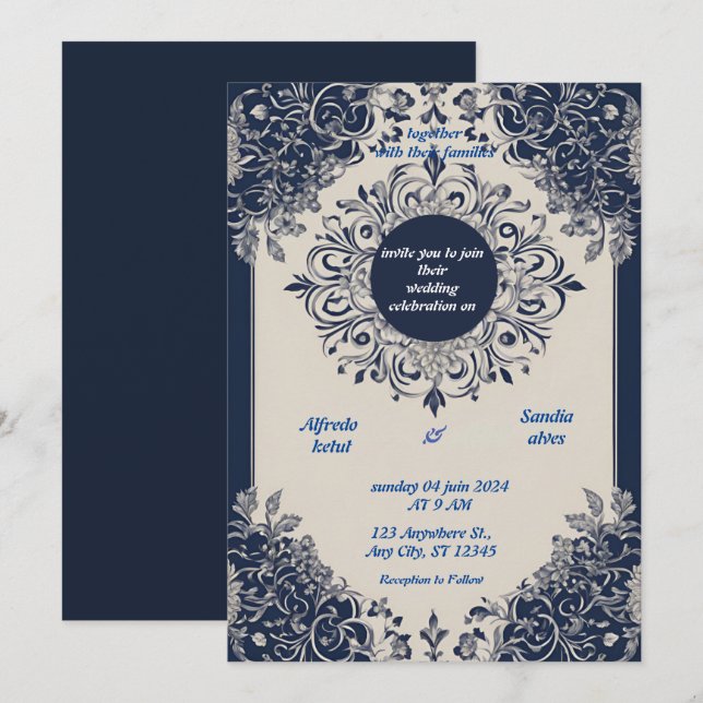 Navy Blue und Silver Elegante Elfenbeinblumenhochz Einladung (Vorne/Hinten)
