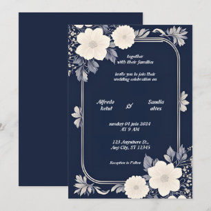 Navy Blue und Silver Elegante Elfenbeinblumenhochz Einladung