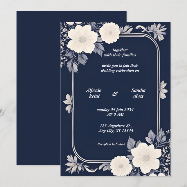 Navy Blue und Silver Elegante Elfenbeinblumenhochz Einladung (Vorne/Hinten)
