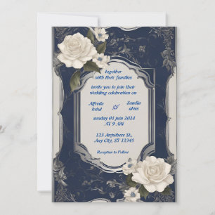 Navy Blue und Silver Elegante Elfenbeinblumenhochz Einladung