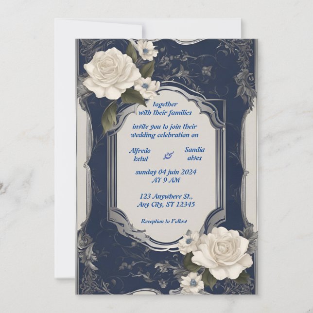 Navy Blue und Silver Elegante Elfenbeinblumenhochz Einladung (Vorderseite)