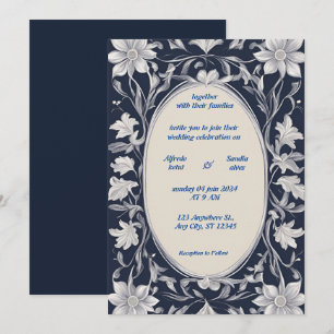 Navy Blue und Silver Elegante Elfenbeinblumenhochz Einladung