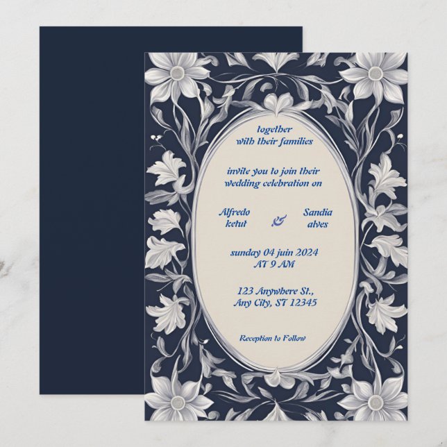 Navy Blue und Silver Elegante Elfenbeinblumenhochz Einladung (Vorne/Hinten)