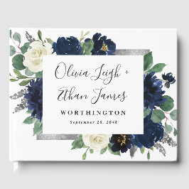 Navy Blue und Silver Elegante Elfenbeinblumenhochz Gästebuch