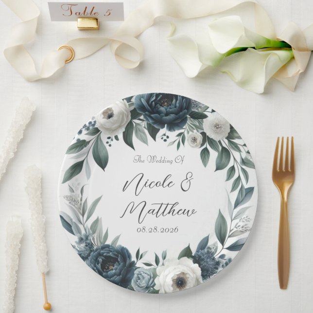 Navy Blue und Silver Elegante Elfenbeinblumenhochz Pappteller (Hochzeit)