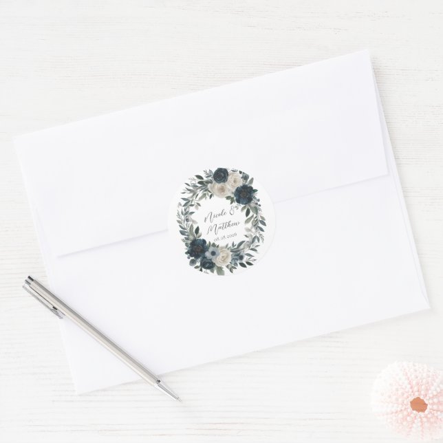 Navy Blue und Silver Elegante Elfenbeinblumenhochz Runder Aufkleber (Umschlag)