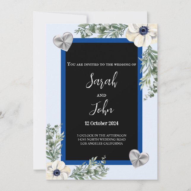 Navy Blue und Silver Elegante Heart Floral Wedding Einladung (Vorderseite)