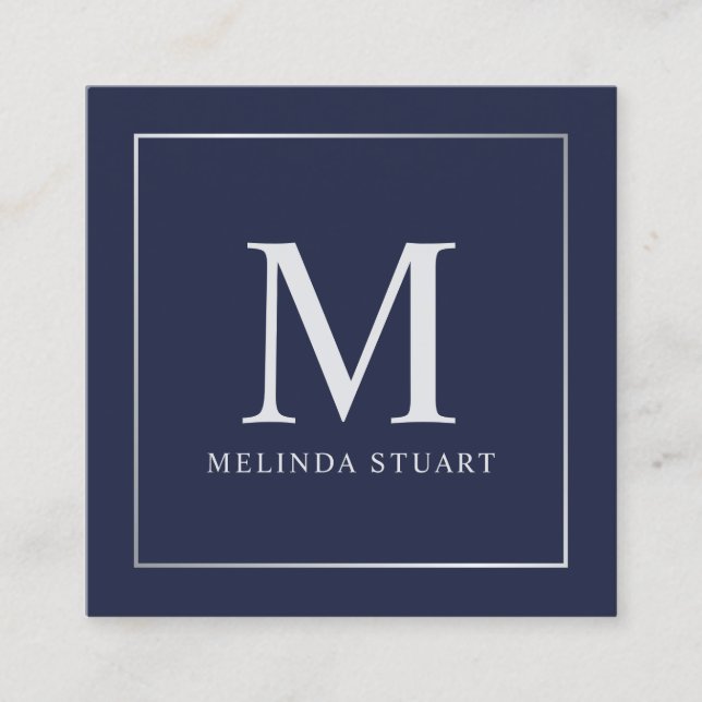 Navy Blue und Silver Elegante Monogram Quadratische Visitenkarte (Vorderseite)