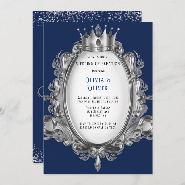 Navy Blue und Silver Frame Royal Wedding Einladung (Vorne/Hinten)
