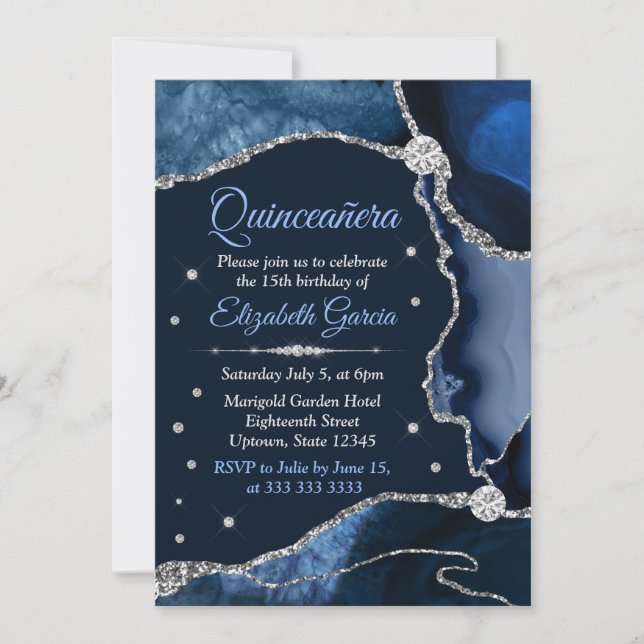 Navy Blue und Silver Glitzer Agate Quinceanera Einladung (Vorderseite)