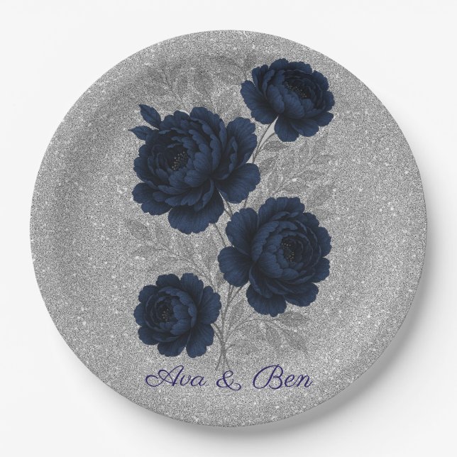 Navy Blue und Silver Glitzer Blätter Hochzeiten Pappteller (Vorderseite)