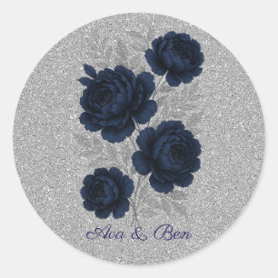 Navy Blue und Silver Glitzer Blätter Hochzeiten Runder Aufkleber