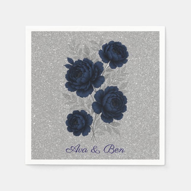 Navy Blue und Silver Glitzer Blätter Hochzeiten Serviette (Vorderseite)