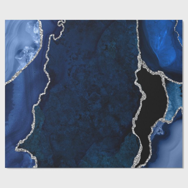 Navy Blue und Silver Imitats Glitzer Agate Geschenkpapier (Flach)