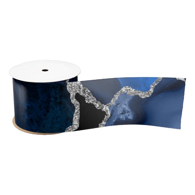 Navy Blue und Silver Imitats Glitzer Agate Satinband (Spule)