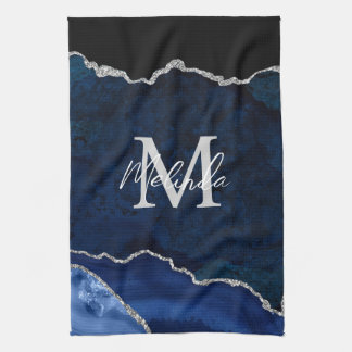 Navy Blue und Silver Marble Agate Geschirrtuch