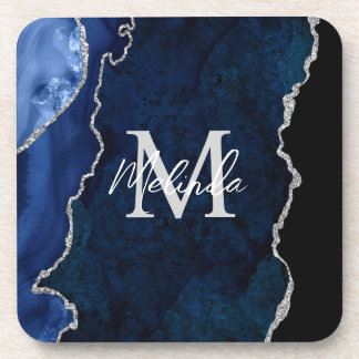 Navy Blue und Silver Marble Agate Getränkeuntersetzer