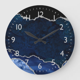 Navy Blue und Silver Marble Agate Große Wanduhr