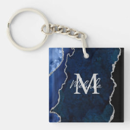 Navy Blue und Silver Marble Agate Schlüsselanhänger
