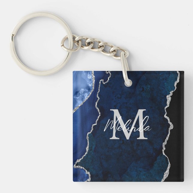 Navy Blue und Silver Marble Agate Schlüsselanhänger (Vorderseite)