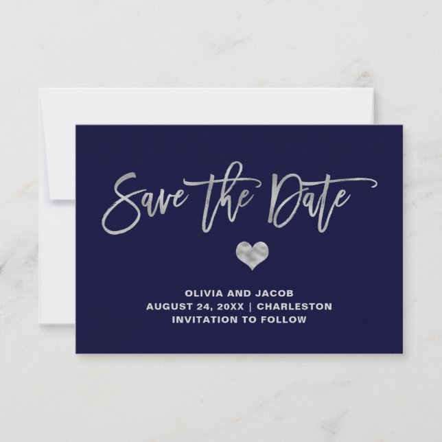 Navy Blue und Silver mit Herz | Foto zurück Save The Date (Vorderseite)