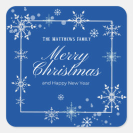 Navy Blue und Silver Snowflake Script Weihnachten Quadratischer Aufkleber