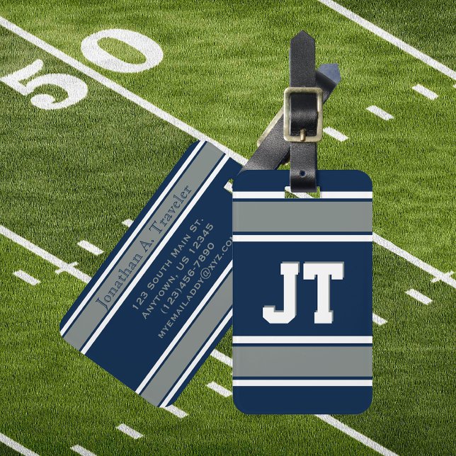 Navy Blue und Silver Sports Stripes Personalisiert Gepäckanhänger (Custom Text Blue and Silver Sport Stripes Luggage Tag)