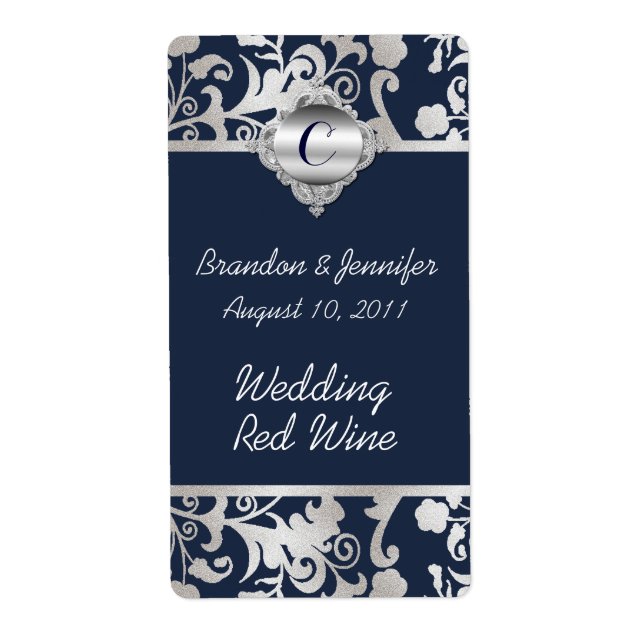Navy Blue und Silver Tone Wedding Mini Wine Labels (Vorne)
