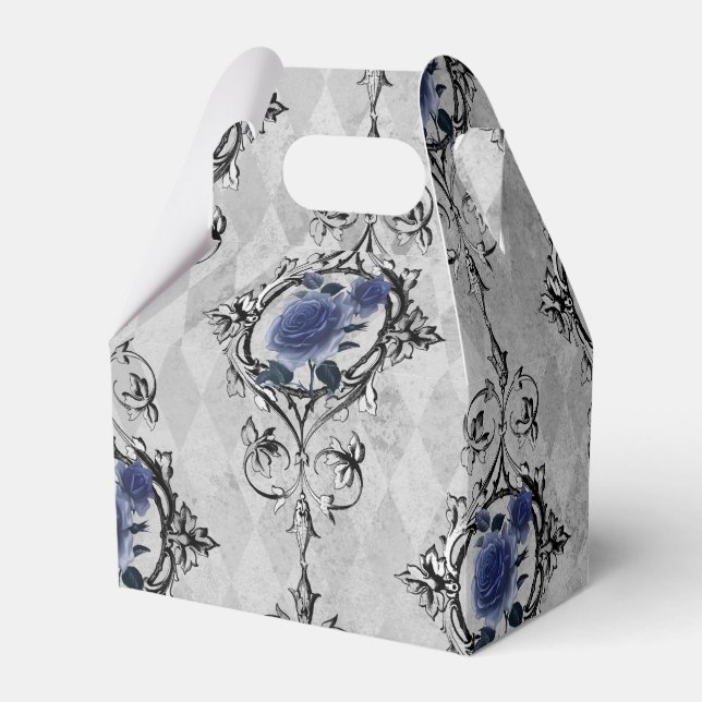 Navy Blue und Silver Viktorianisch Floral Damask Geschenkschachtel (Vorderseite)