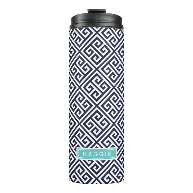 Navy Blue und Türkise; Monogramm griechischer Schl Thermosbecher (Vorderseite)