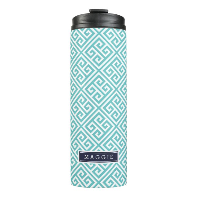 Navy Blue und Türkise; Monogramm griechischer Schl Thermosbecher (Vorderseite)