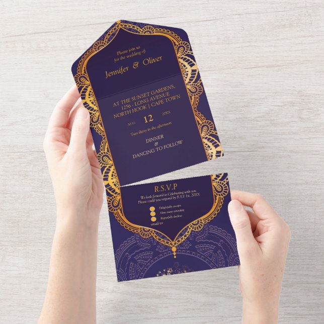 Navy Blue und Violet mit Gold-Mandalasen All In One Einladung (Abreißen)