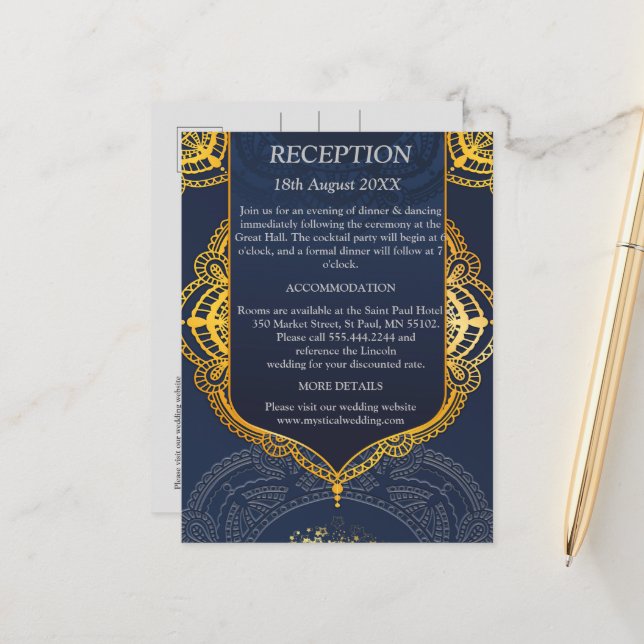 Navy Blue und Violet mit Gold-Mandalasen Ankündigungspostkarte (Vorderseite/Rückseite Beispiel)