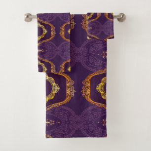Navy Blue und Violet mit Gold-Mandalasen Badhandtuch Set