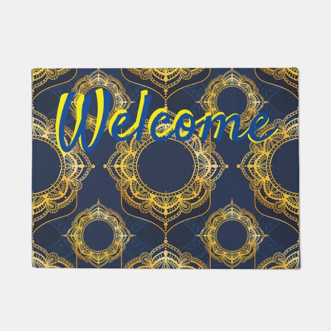 Navy Blue und Violet mit Gold-Mandalasen Fußmatte (Vorderseite)