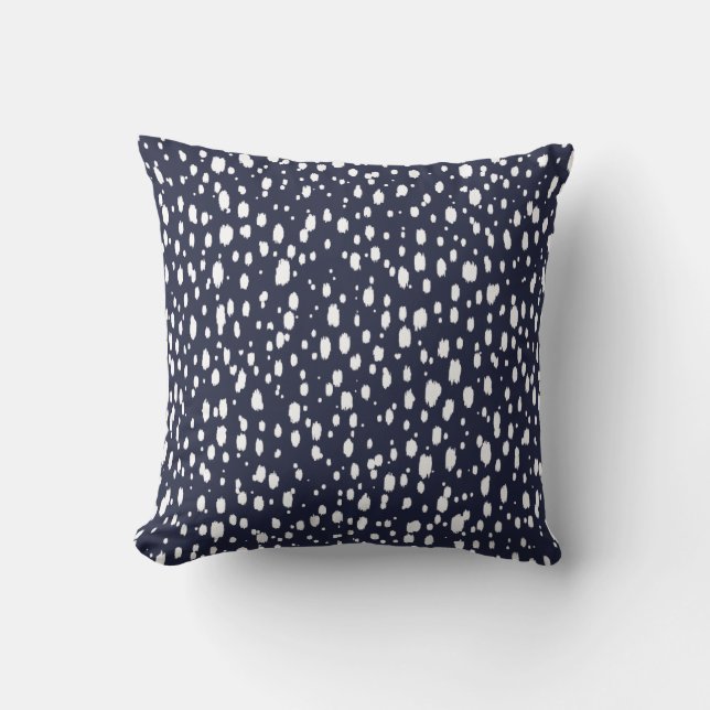 Navy Blue und White Abstrakt Scattered Dots Kissen (Vorderseite)